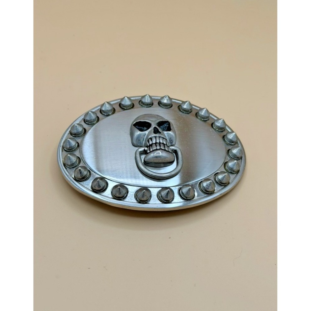 Skull Studded Belt Buckle Silver Tone Gothic Punk Biker Door Knocker 4.25" Y2K